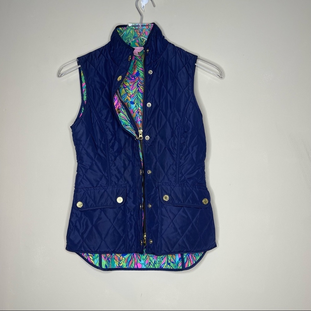 Lilly Pulitzer Getaway Quilted Vest Blue Lightweight Snap Zip Front size xxs